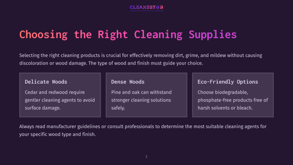 2 Choosing The Right Cleaning Supplies 4 Cleanestor Logo On A Dark Purple Background With The Title &Quot;Choosing The Right Cleaning Supplies&Quot; And Three Sections: &Quot;Delicate Woods,&Quot; &Quot;Dense Woods,&Quot; And &Quot;Eco-Friendly Options,&Quot; Detailing Wood Cleaning Advice.