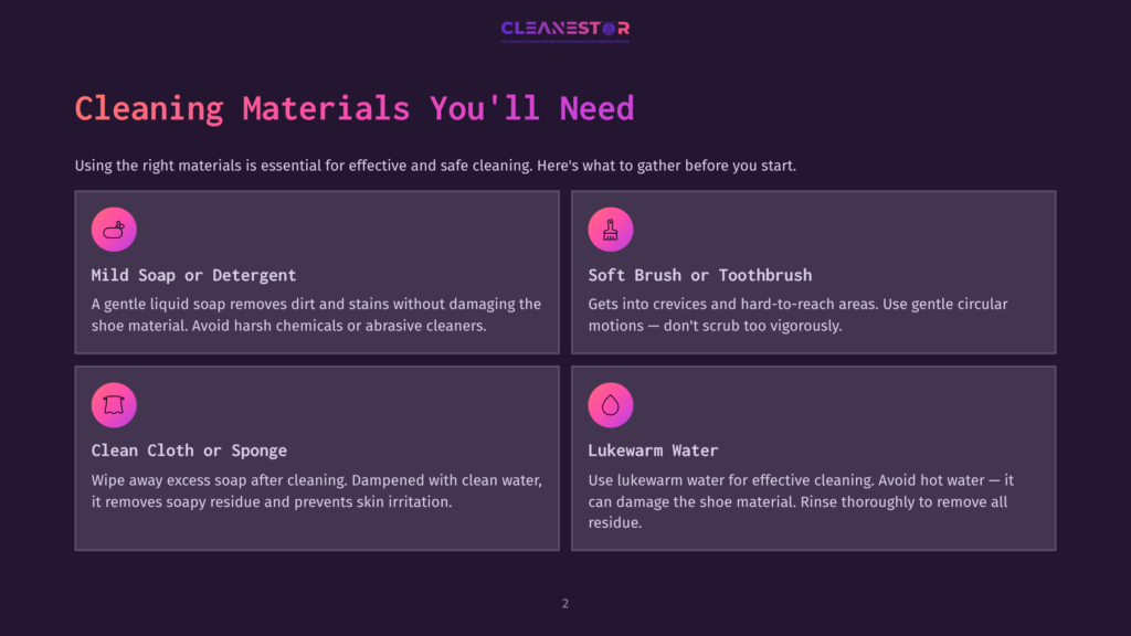 Four Square Sections List Cleaning Materials For Shoes, Featuring Headings, Descriptions, And Icons Related To Each Item. Background Is Dark Purple.