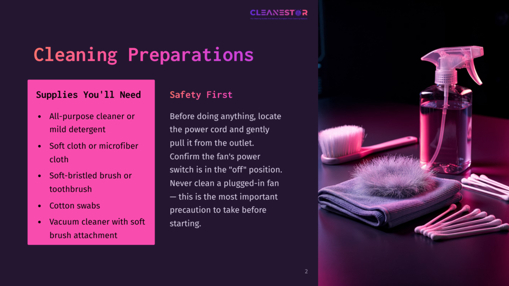 Supplies For Cleaning: A Spray Bottle, Soft Cloth, Brushes, Cotton Swabs, And A Vacuum Attachment On A Purple Background.