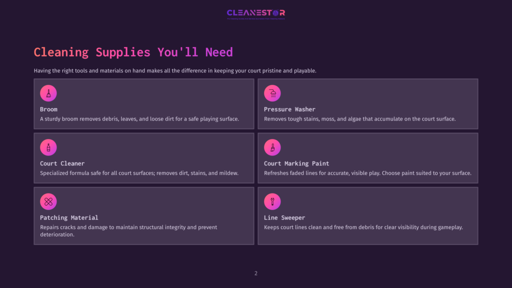 Visual Guide Listing Cleaning Supplies For Tennis Courts, Including A Broom, Pressure Washer, Court Cleaner, Marking Paint, Patching Material, And A Line Sweeper, With Descriptions And A Purple Background.