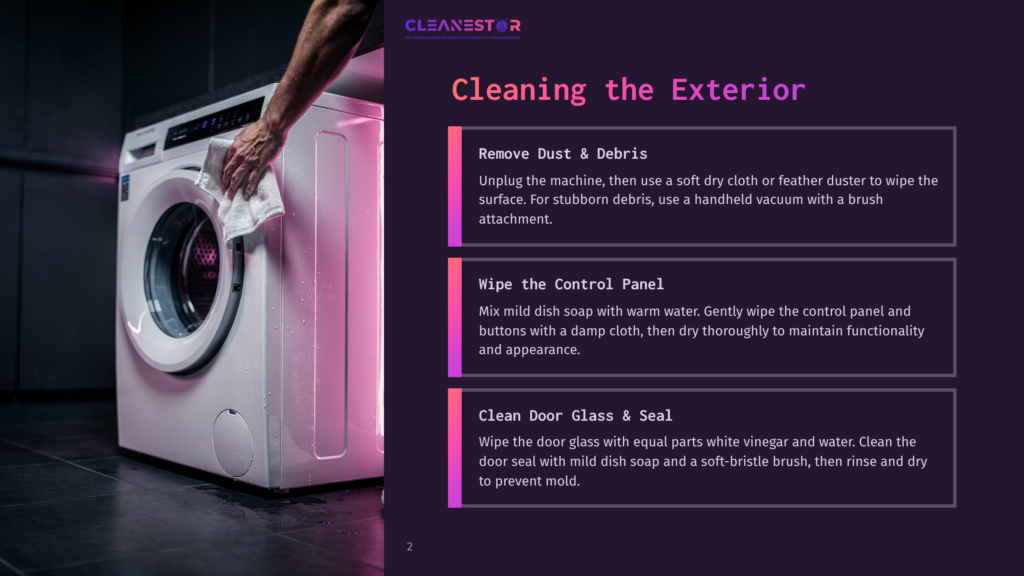 A Person'S Hands Wipe Down A White Washing Machine With A Cloth, With Pink And Purple Light Reflecting On The Appliance. Text Overlay: &Quot;Cleanestor Cleaning The Exterior.