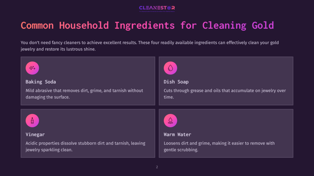 Infographic Titled &Quot;Common Household Ingredients For Cleaning Gold&Quot; Listing Baking Soda, Dish Soap, Vinegar, And Warm Water As Effective Cleaning Solutions.