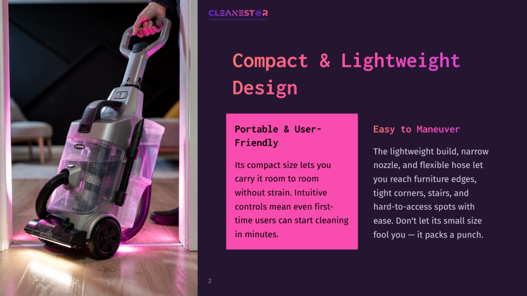 Cleanestor Portable Carpet Cleaner Being Used On A Light-Colored Carpet Near A Doorway, Showcasing Its Compact And Lightweight Design For Easy Maneuverability.