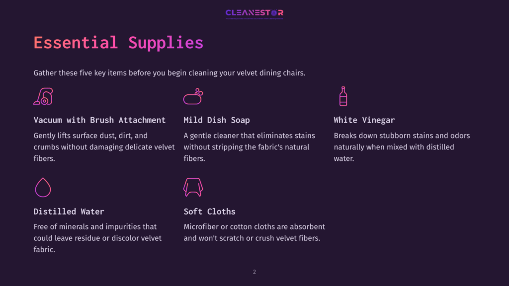 2 Essential Supplies 1 Essential Supplies For Cleaning Velvet Dining Chairs: Vacuum With Brush Attachment, Mild Dish Soap, White Vinegar, Distilled Water, And Soft Cloths. The Graphic Lists And Illustrates Each Item.
