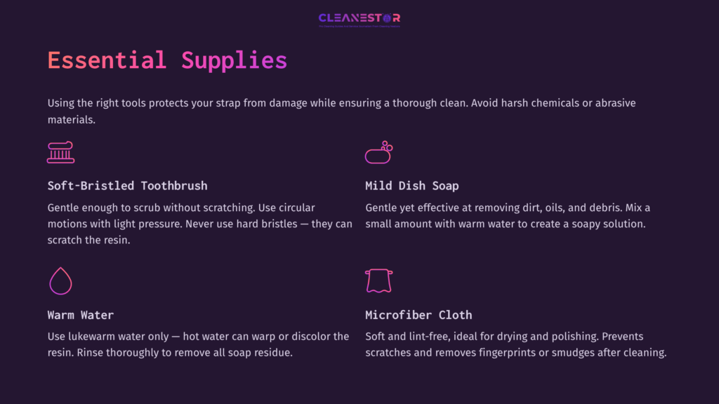 2 Essential Supplies List Of Cleaning Supplies For Resin Watch Straps, Featuring A Toothbrush, Dish Soap, Water, And A Microfiber Cloth On A Dark Background.