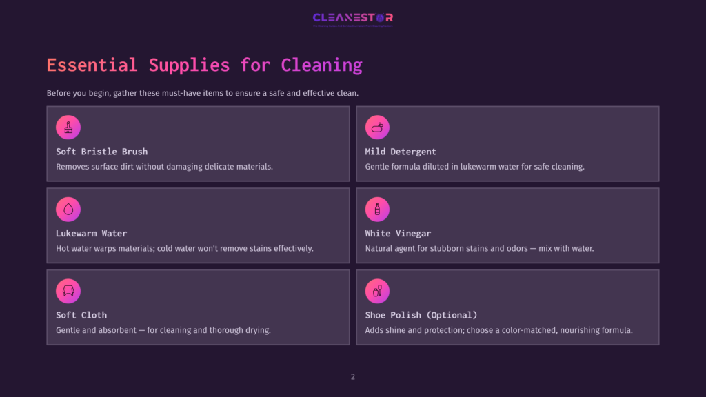 Graphic Listing Essential Cleaning Supplies For Shoes, Featuring Icons For A Brush, Detergent, Water, Vinegar, Cloth, And Polish, With Colors In Shades Of Purple And Pink.