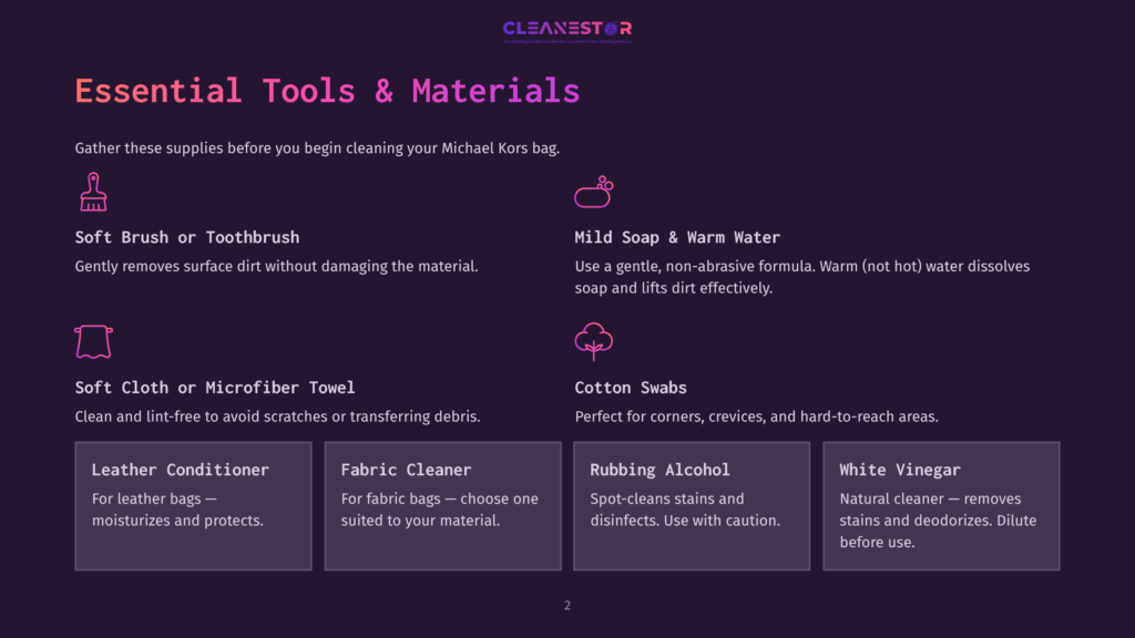 List Of Cleaning Tools And Materials For A Michael Kors Bag, Including Brush, Soap, Towels, And Cleaners With Usage Tips On A Dark Background.