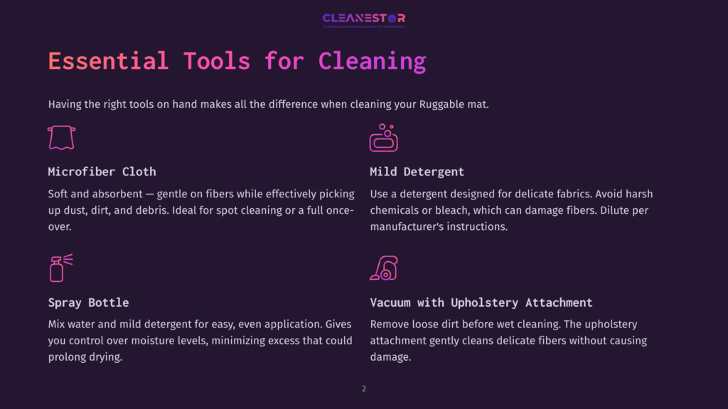 Graphic Of Essential Cleaning Tools For Ruggable Mats: Microfiber Cloth, Mild Detergent, Spray Bottle, And Vacuum With Upholstery Attachment. Text Highlights Their Uses.