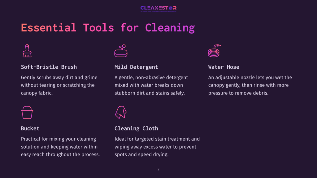 Four Cleaning Tools Are Listed With Icons: A Soft-Bristle Brush, Mild Detergent, Water Hose, And Cleaning Cloth, All On A Dark Background.