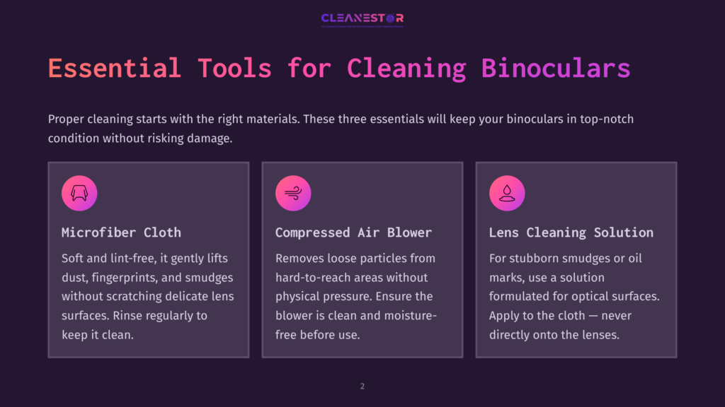 Three Rectangular Sections On A Dark Background, Featuring A Microfiber Cloth, Compressed Air Blower, And Lens Cleaning Solution, With Icons And Concise Descriptions.