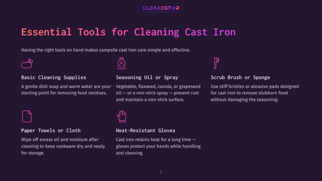 Tools For Cleaning Cast Iron: Supplies, Oil, Scrub Brushes, Cloths, And Gloves, Arranged With Descriptions And Uses In A Clear Layout.