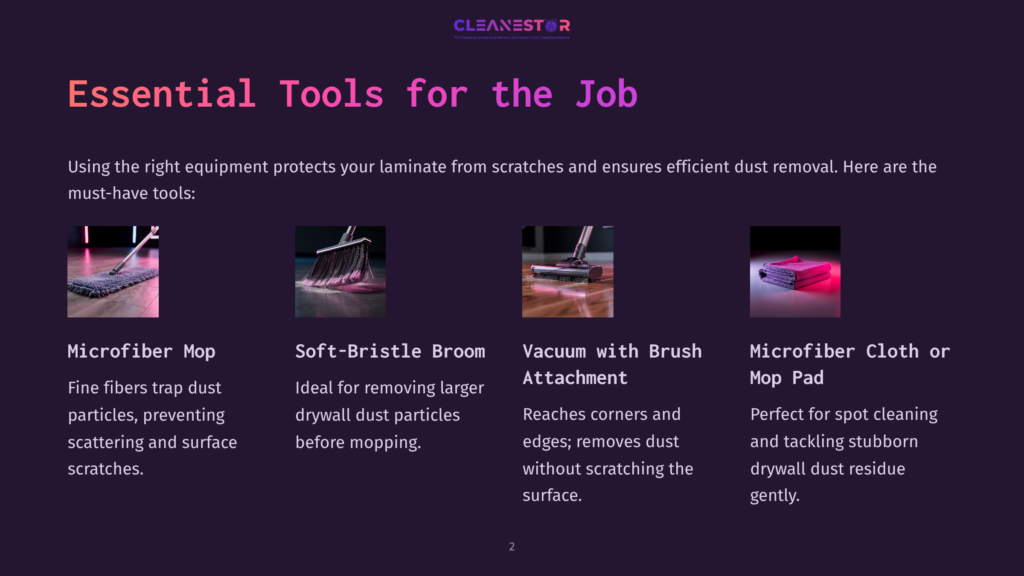Four Essential Laminate Floor Cleaning Tools: A Microfiber Mop, A Soft-Bristle Broom, A Vacuum With Brush Attachment, And A Microfiber Cloth Or Mop Pad, With Text Describing Their Uses.