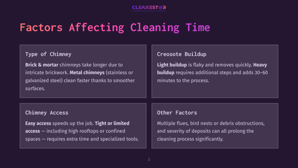 Factors Affecting Chimney Cleaning Time: Brick &Amp; Mortar Vs. Metal Chimneys, Creosote Buildup, Chimney Access, And Other Factors Like Flues, Bird Nests, And Debris.