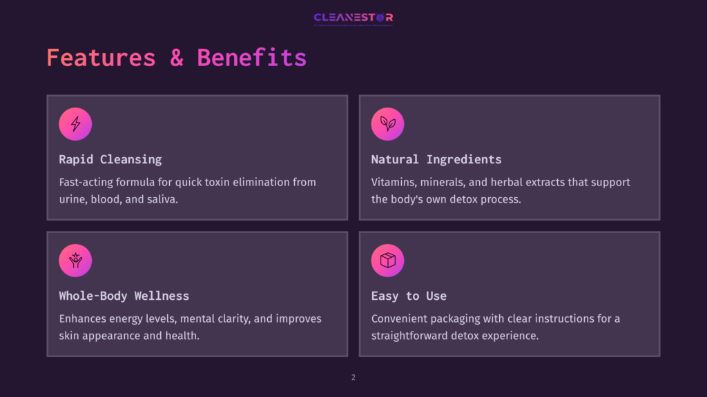 2 Features And Benefits Cleanestor Features And Benefits: Rapid Cleansing, Natural Ingredients, Whole-Body Wellness, And Easy To Use. The Graphic Is Dark Purple With Pink And White Text And Icons.