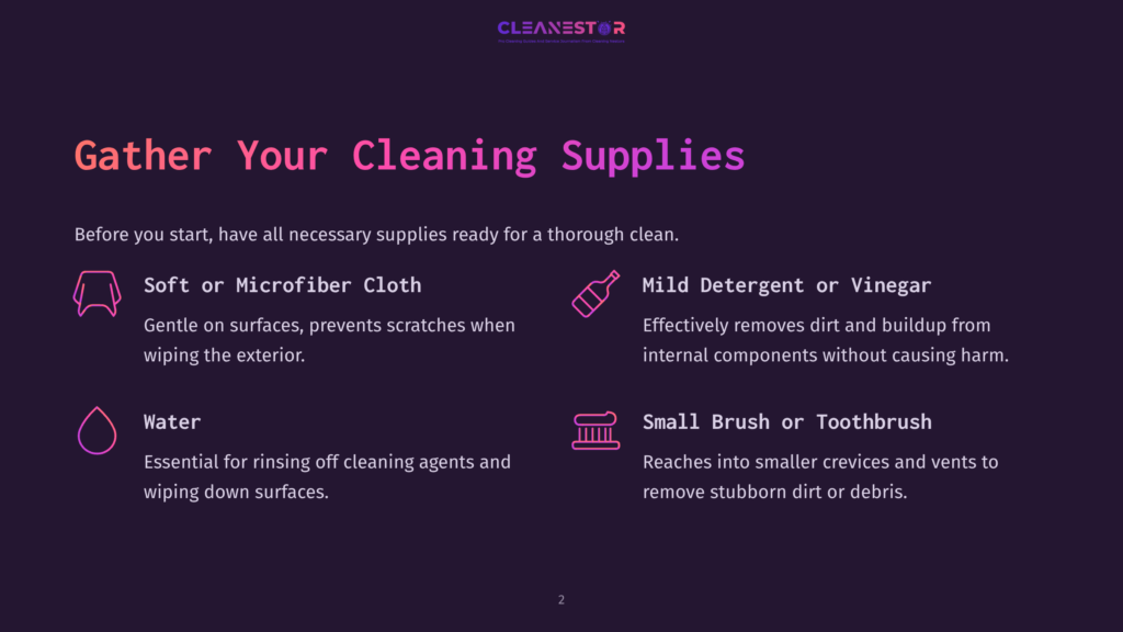 Gathering Cleaning Supplies With Icons: A Microfiber Cloth, Mild Detergent, And A Brush On A Dark Background, With Text Detailing Their Uses.