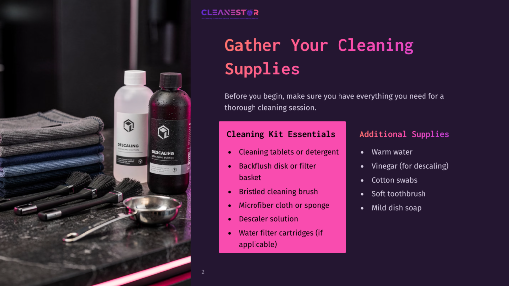 Various Cleaning Supplies Displayed On A Surface, Including Bottles, A Scrubbing Brush, Cloths, And A List Of Essential Items.