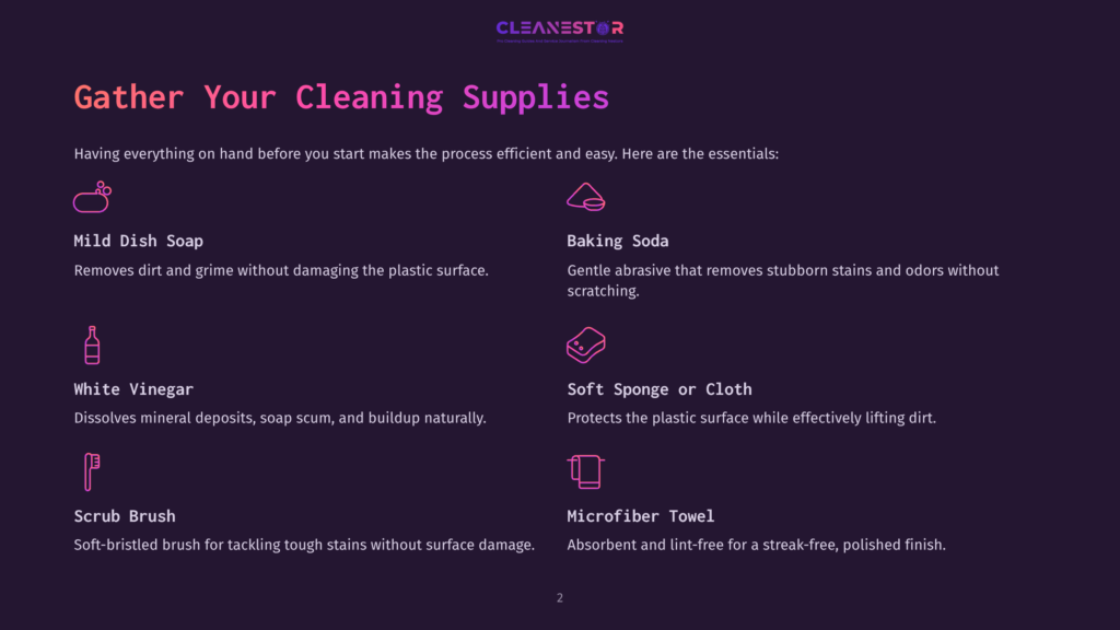 Graphic With Text &Quot;Gather Your Cleaning Supplies&Quot; And Icons For Mild Dish Soap, Baking Soda, White Vinegar, Soft Sponge Or Cloth, Scrub Brush, And Microfiber Towel, All Presented In A Clean, Organized Layout Against A Dark Purple Background.