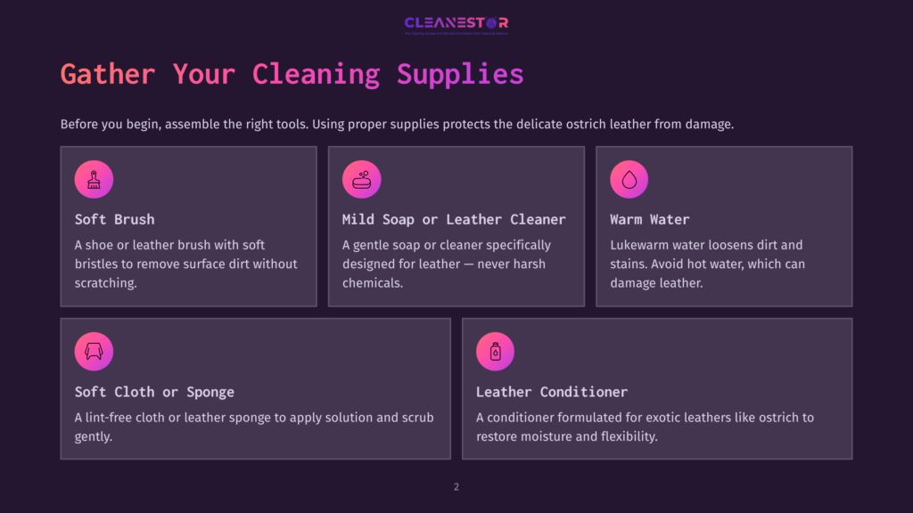 Gather Your Cleaning Supplies For Ostrich Leather: Soft Brush, Mild Soap, Warm Water, Soft Cloth, And Leather Conditioner. The Image Displays Icons And Text For Each Item.