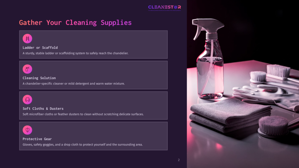 2 Gather Your Cleaning Supplies 6 A Cleaning Supplies Checklist On A Dark Background, Featuring Icons And Text For &Quot;Ladder Or Scaffold,&Quot; &Quot;Cleaning Solution,&Quot; &Quot;Soft Cloths &Amp; Dusters,&Quot; And &Quot;Protective Gear.&Quot; A Spray Bottle And Cleaning Cloths Are Visible To The Right.