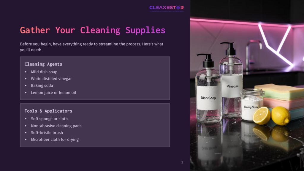A Modern Kitchen Counter Displays Cleaning Supplies: Two Bottles Labeled &Quot;Dish Soap&Quot; And &Quot;Vinegar,&Quot; A Jar Of &Quot;Baking Soda,&Quot; Lemons, And Sponges. The Text &Quot;Cleanestor&Quot; Is Visible At The Top.