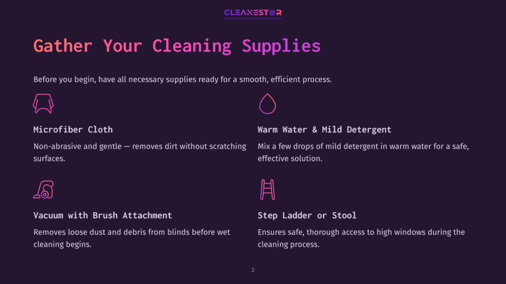 Illustration Showing Four Essential Cleaning Supplies: A Microfiber Cloth, A Jug With Warm Water And Detergent, A Vacuum With Brush Attachment, And A Step Ladder Or Stool.