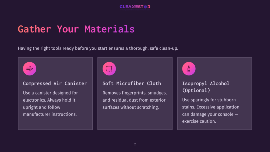 Three Illustrated Boxes Show Cleaning Supplies For Electronics: Compressed Air Canister, Microfiber Cloth, And Isopropyl Alcohol. Text Reads &Quot;Gather Your Materials.