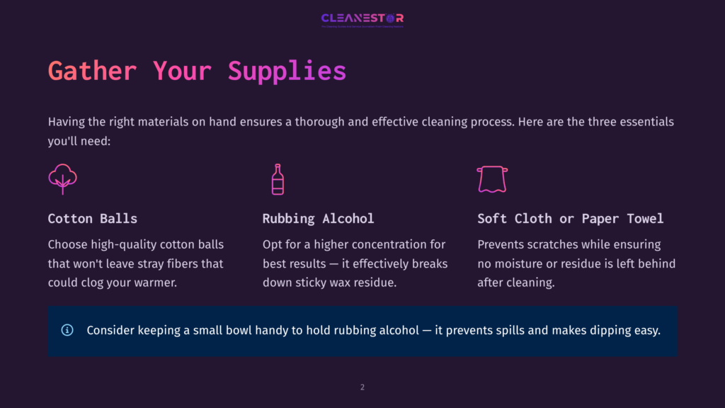 Illustration Of Three Cleaning Essentials: Cotton Balls, Rubbing Alcohol, And A Soft Cloth Or Paper Towel, With Text &Quot;Gather Your Supplies&Quot; Above.