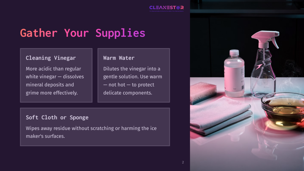 Cleaning Supplies For Ice Makers: A Spray Bottle Of Vinegar Solution, A Soft Cloth, And A Bowl Of Liquid, On A Reflective Surface.