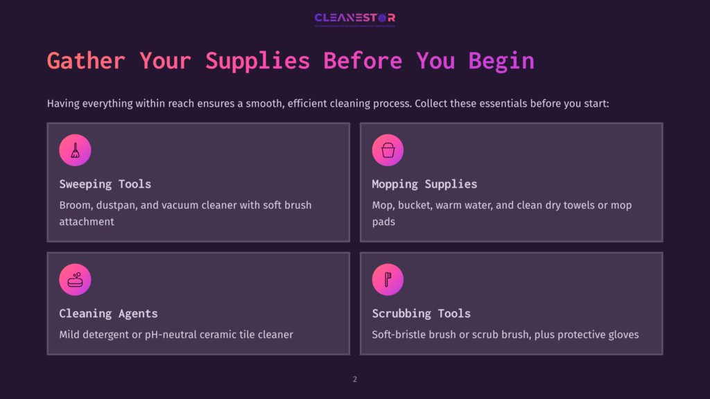Cleanestor Logo And Text &Quot;Gather Your Supplies Before You Begin&Quot; Above Four Sections: Sweeping Tools, Mopping Supplies, Cleaning Agents, And Scrubbing Tools, Each With An Icon And Description For Efficient Cleaning.