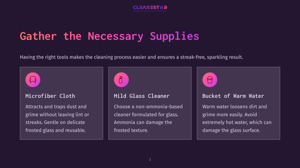 Three Pink And White Boxes On A Dark Background List Cleaning Supplies: Microfiber Cloth, Mild Glass Cleaner, And Warm Water Bucket.