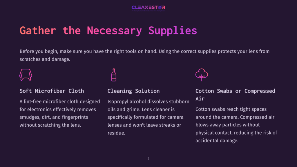 A Clean, Organized List Of Supplies For Cleaning An Iphone Camera, Including A Microfiber Cloth, Cleaning Solution, Cotton Swabs, And Compressed Air.