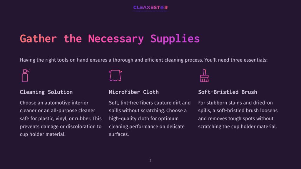 Cleaning Supplies Including A Spray Bottle, Microfiber Cloth, And Soft-Bristled Brush Against A Dark Purple Background With Text.