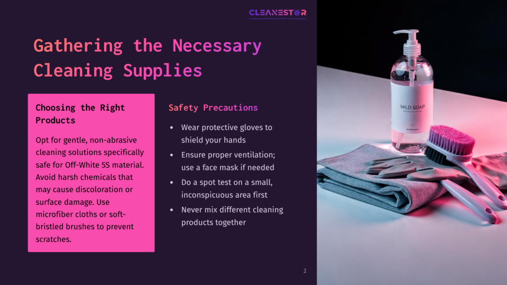 A Bottle Of Mild Soap, Microfiber Cloths, And Cleaning Gloves Are Arranged On A Surface, Ready For Cleaning. Text Overlay Reads &Quot;Gathering The Necessary Cleaning Supplies&Quot; And &Quot;Choosing The Right Products&Quot;.
