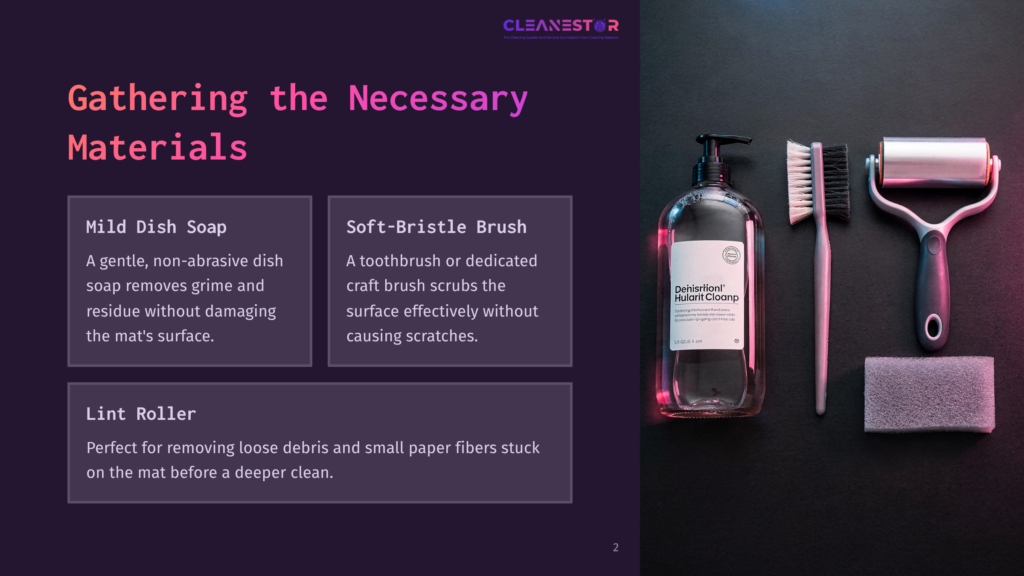 A Layout Featuring Mild Dish Soap, A Soft-Bristle Brush, And A Lint Roller On A Dark Surface, Illustrating Cleaning Materials.