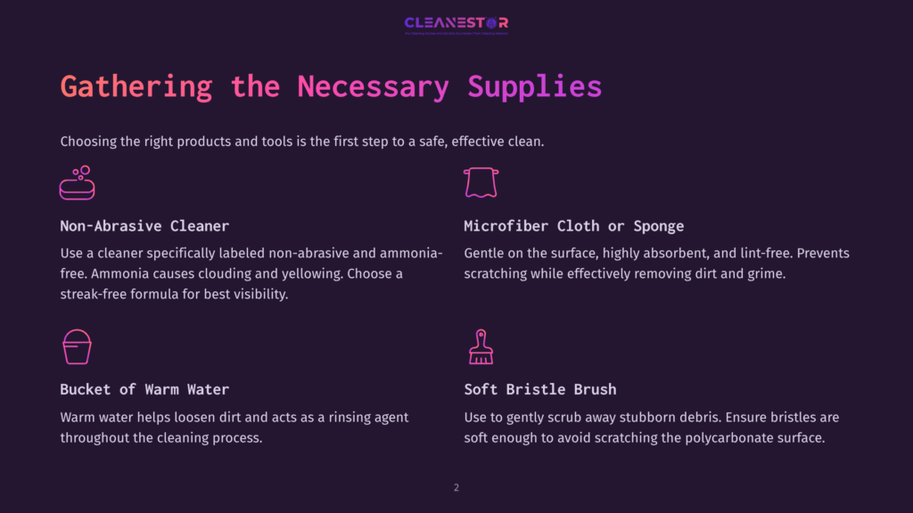 Supplies For Cleaning: Non-Abrasive Cleaner, Microfiber Cloth, Bucket Of Warm Water, And Soft Bristle Brush, Presented In A Neat Layout.