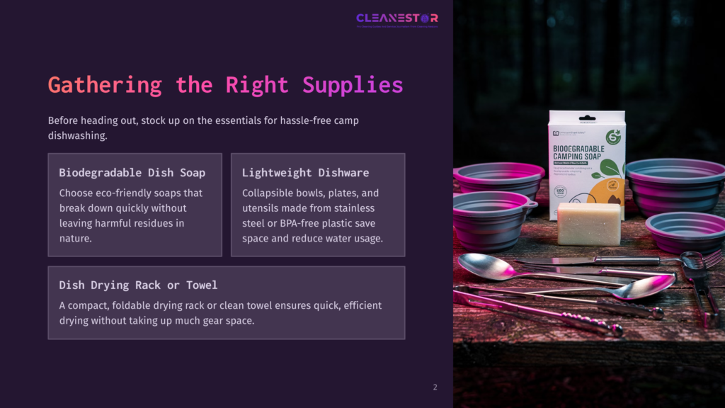 A Collection Of Camping Dish Cleaning Supplies: Biodegradable Soap, Collapsible Bowls, Utensils, And A Drying Rack On A Forest Backdrop.