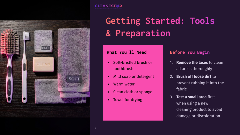 A Soft-Bristled Brush, Cleaning Products, Towels, And A Sponge On A Dark Background With Step-By-Step Cleaning Instructions In Bold Text.