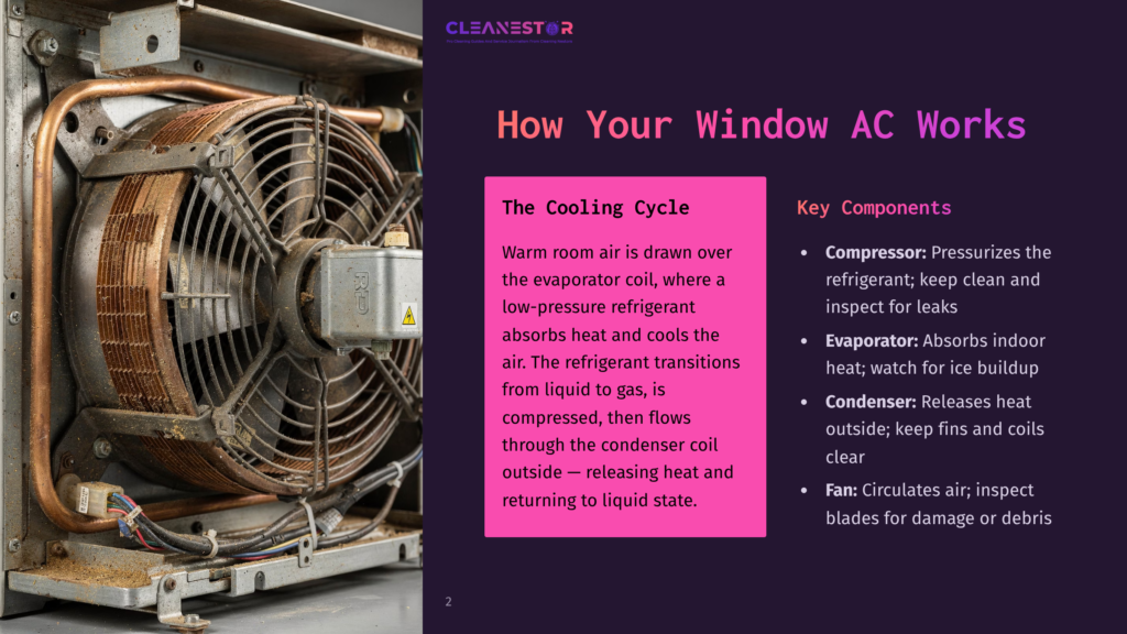 Close-Up Of A Window Ac Unit'S Internal Components, Showing A Large Fan And Copper Tubing. Text Overlay Explains The Ac Cooling Cycle And Key Components: Compressor, Evaporator, Condenser, And Fan.