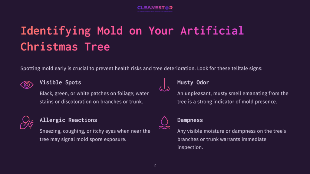 Infographic Titled &Quot;Identifying Mold On Your Artificial Christmas Tree&Quot; From Cleanestor, Detailing Signs Like Visible Spots, Musty Odor, Allergic Reactions, And Dampness.