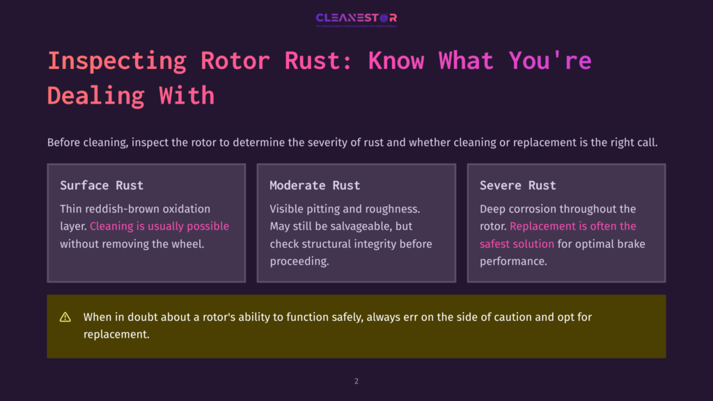 A Slide Titled &Quot;Inspecting Rotor Rust: Know What You'Re Dealing With&Quot; From Cleanestor, Detailing Surface, Moderate, And Severe Rust With Descriptive Text And A Caution About When To Replace Rotors.