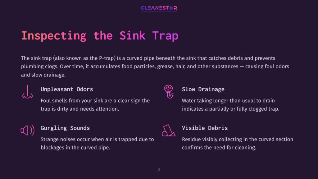 A Diagram Illustrating A Sink Trap With Labeled Sections On Odors, Slow Drainage, Gurgling Sounds, And Visible Debris, All On A Dark Background.