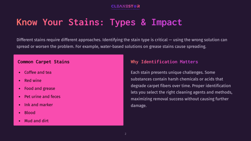 Presentation Slide Titled &Quot;Know Your Stains: Types &Amp; Impact,&Quot; Listing Common Carpet Stains Like Coffee, Tea, Red Wine, And Pet Urine, With A Sidebar On &Quot;Why Identification Matters&Quot; For Effective Stain Removal.
