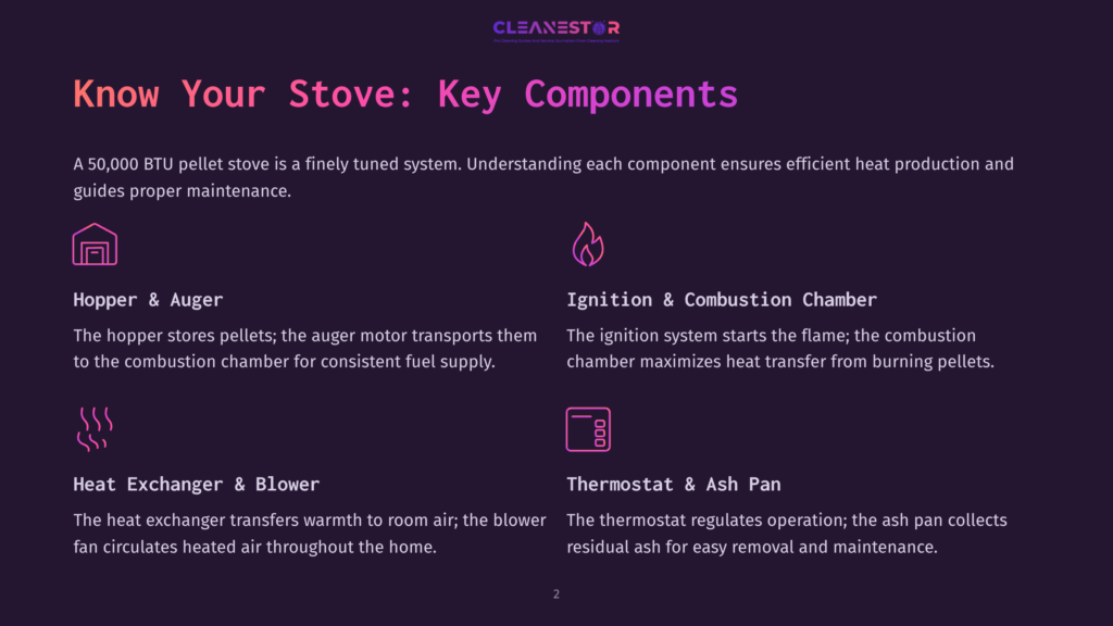 Diagram Of A Pellet Stove'S Key Components: Hopper &Amp; Auger, Ignition &Amp; Combustion Chamber, Heat Exchanger &Amp; Blower, And Thermostat &Amp; Ash Pan. Text Explains Each Part'S Function.