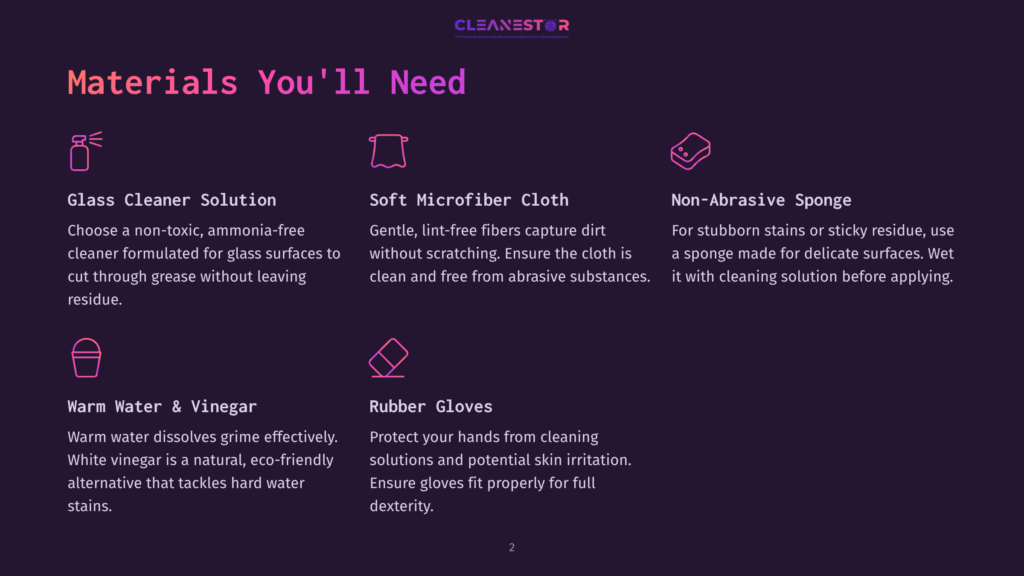 List Of Cleaning Materials: Glass Cleaner, Microfiber Cloth, Sponge, Vinegar, And Rubber Gloves, Presented On A Dark Background.