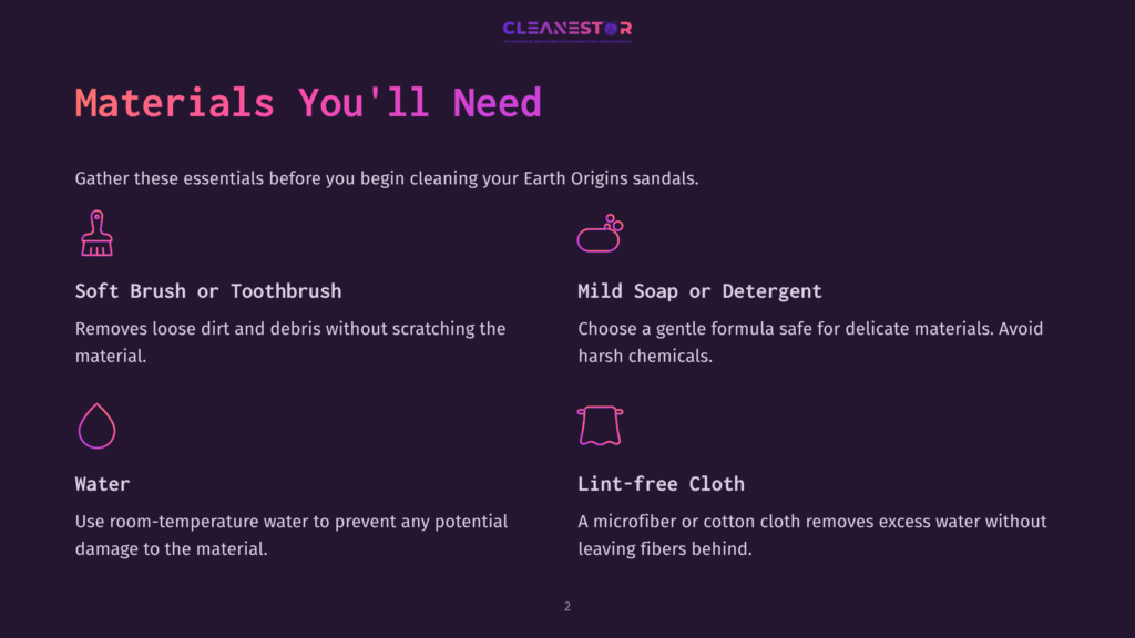 List Of Materials For Cleaning Earth Origins Sandals, Featuring Items Like A Brush, Soap, Water, And Cloth, On A Dark Purple Background.