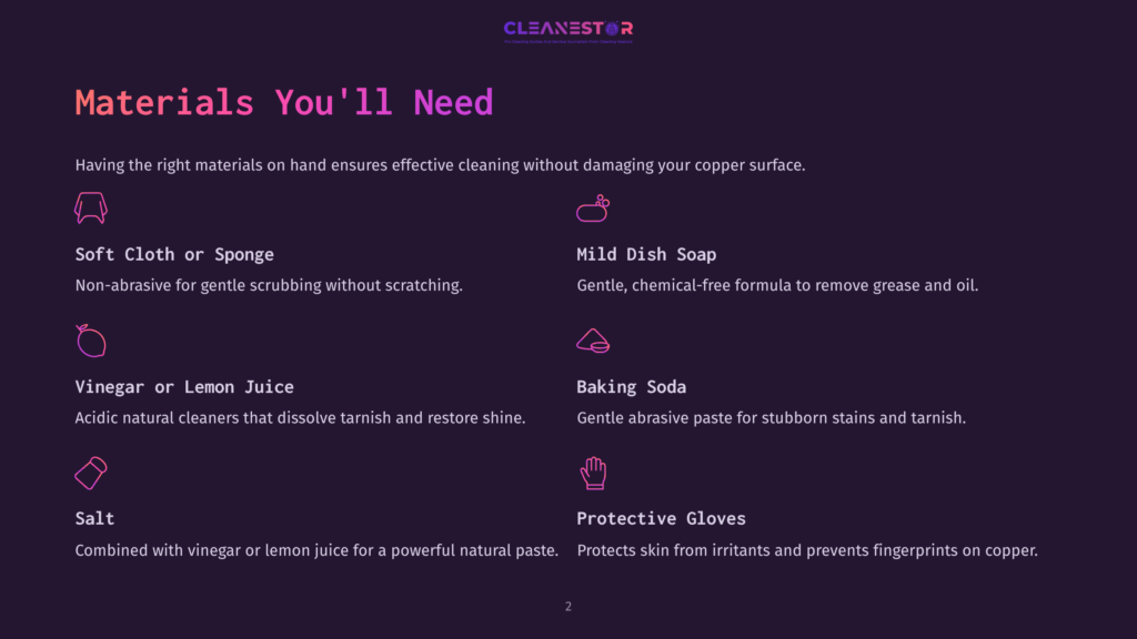 List Of Materials For Cleaning Copper Sheet Metal, Including Sponge, Dish Soap, Vinegar, Baking Soda, Salt, And Gloves On A Dark Background.