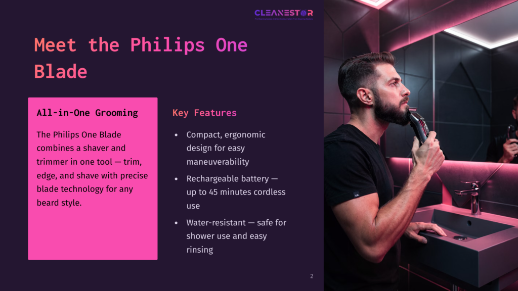 A Man With A Beard Uses A Philips One Blade Shaver In A Modern Bathroom, Featuring Pink And Purple Lighting, With Focused Grooming Elements.