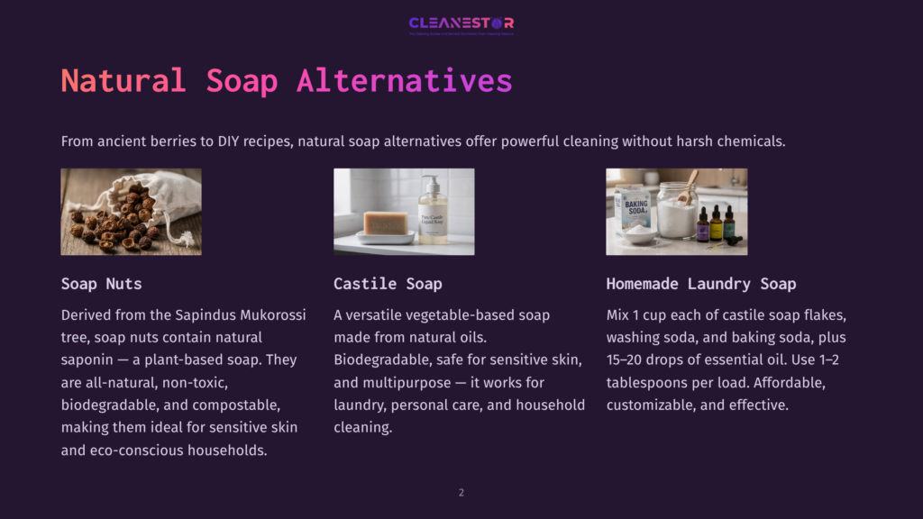 Three Natural Soap Alternatives: A Bag Of Soap Nuts, A Bottle Of Castile Soap, And Homemade Laundry Soap Ingredients Including Baking Soda And Essential Oils.