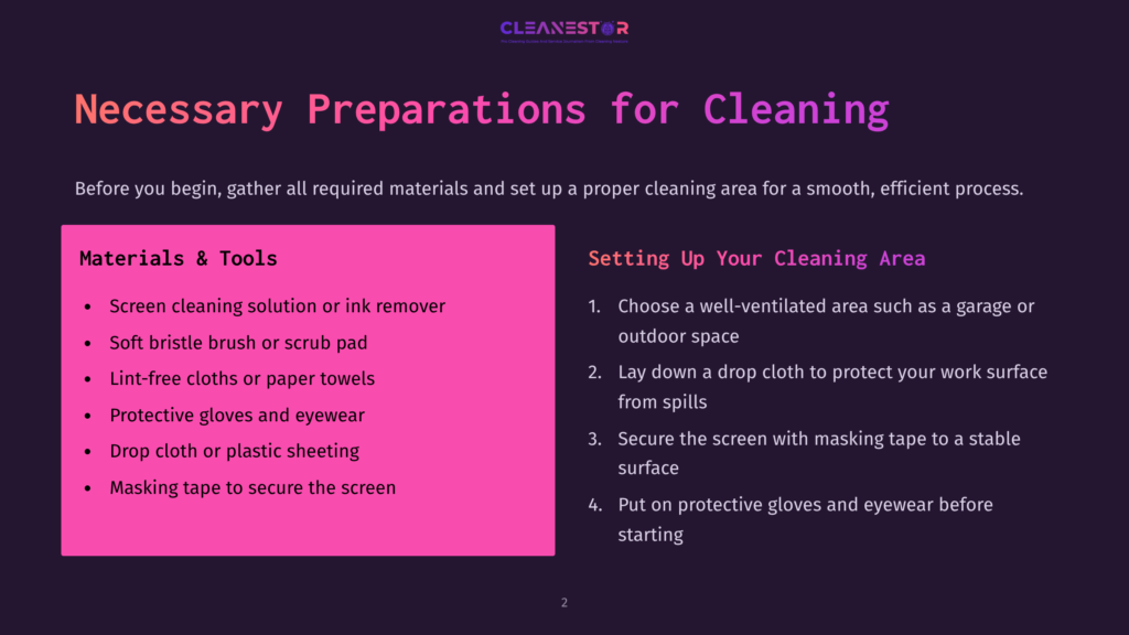 Bright Pink And Purple Layout Details Cleaning Supplies, Including Ink Remover, Towels, And Protective Gear, Along With Setup Instructions.