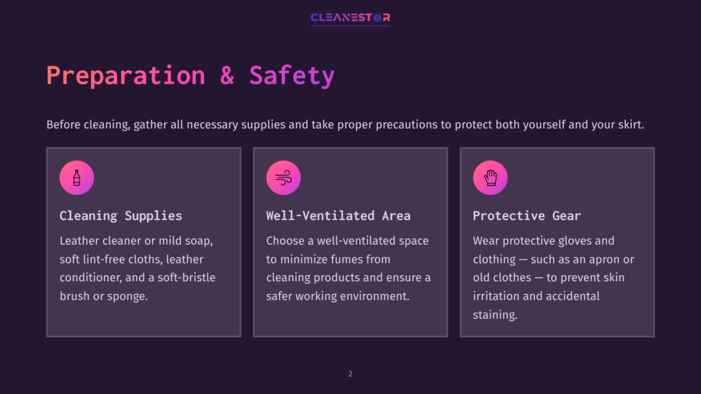 Dark Background Featuring Three Sections With Pink Icons: One With Leather Cleaning Supplies, Another For Ventilation Tips, And A Third For Protective Clothing Advice.